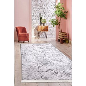 Karo Gri Saçaklı Yıkanabilir Kaymaz Salon Halısı Antre Mutfak Halısı