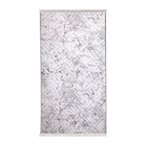 Karo Gri Saçaklı Yıkanabilir Kaymaz Salon Halısı Antre Mutfak Halısı 150x200 cm