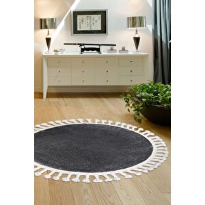 Koyu Gri Yuvarlak Post Dokuma Halı Püslüllü Peluş Halı Antibakteriyel 140x140 cm