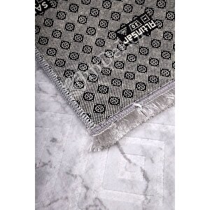 Karo Gri Saçaklı Yıkanabilir Kaymaz Salon Halısı Antre Mutfak Halısı 60x500 cm