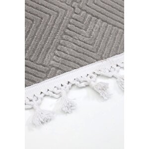 Avangard Halı Pramit Gri Salon Koridor Antre Mutfak Halısı Silinebilir Ponpon Saçak 80x650 cm