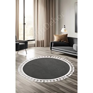 Halı Cool Antrasit Pramit Kaymaz Saçaklı Yuvarlak Kesme Yolluk Salon Halısı Modelleri 110x110 cm