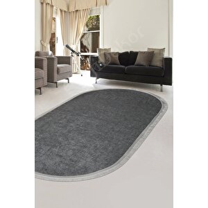 Halı Antrasit Cool K1290 Saçaklı Oval Kesme Ince Yolluk Kilim Salon Halısı Modelleri 40x70 cm