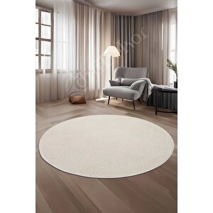 Halı Cool Krem Pramit Desenli Saçaksız Yuvarlak Kesme Yolluk Kilim Salon Halısı Modelleri 110x110 cm