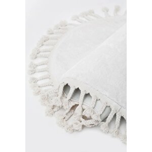 Beyaz Yuvarlak Post Dokuma Halı Saçaklı Peluş Halı Antibakteriyel 150x150 cm