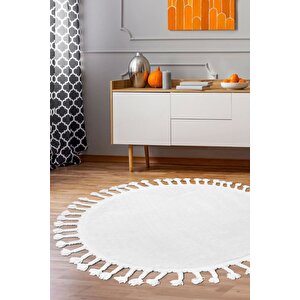 Beyaz Yuvarlak Post Dokuma Halı Saçaklı Peluş Halı Antibakteriyel 130x130 cm