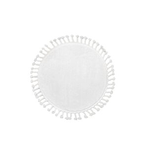 Beyaz Yuvarlak Post Dokuma Halı Saçaklı Peluş Halı Antibakteriyel 130x130 cm