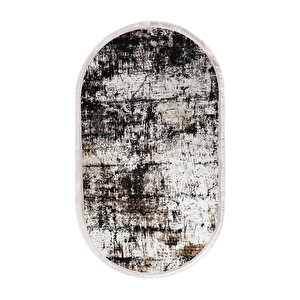 K1310 Black Saçaklı Dijital Oval Halı Kaymaz Yıkanabilir Oda Mutfak Antre Salon Halısı 80x150 cm