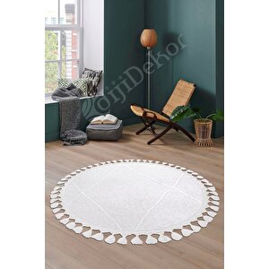 Halı Beyaz Cool Bohem Desenlidesenli Yıkanabilir Saçaklı Yuvarlak Yolluk Salon Halısı 200x200 cm