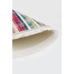 Pembe Multi Uygun Saçaklı Dijital Yuvarlak Halı Kaymaz Yıkanabilir 180x180 cm