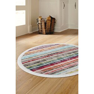 Pembe Multi Uygun Saçaklı Dijital Yuvarlak Halı Kaymaz Yıkanabilir 130x130 cm