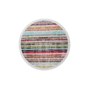 Pembe Multi Uygun Saçaklı Dijital Yuvarlak Halı Kaymaz Yıkanabilir 130x130 cm