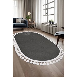Avangard Oval Halı Sahra Antrasit Salon Koridor Antre Mutfak Halısı Silinebilir Saçaklı 140x650 cm