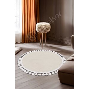 Halı Cool Krem Pramit Desenli Saçaklı Yuvarlak Kesme Yolluk Kilim Salon Halısı Modelleri 140x140 cm