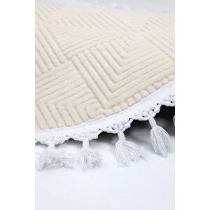 Halı Cool Krem Pramit Desenli Saçaklı Yuvarlak Kesme Yolluk Kilim Salon Halısı Modelleri