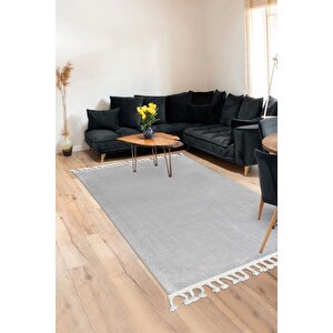 Açık Gri Post Dokuma Halı Saçaklı Peluş Yumuşacık Kaymaz Antibakteriyel 100x700 cm