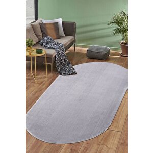 Açık Gri Mürdüm Oval Post Dokuma Halı Peluş Tavşan Tüyü Hissi Antibakteriyel 80x700 cm