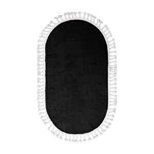 Siyah Oval Post Dokuma Halı Saçaklı Peluş Yumuşacık Kaymaz Antibakteriyel 150x400 cm