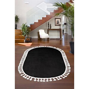 Siyah Oval Post Dokuma Halı Saçaklı Peluş Yumuşacık Kaymaz Antibakteriyel 160x500 cm