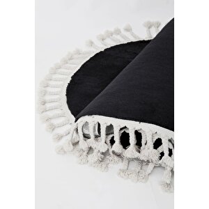 Siyah Oval Post Dokuma Halı Saçaklı Peluş Yumuşacık Kaymaz Antibakteriyel
