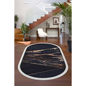 Siyah Gold Saçaklı Dijital Oval Halı Kaymaz Yıkanabilir Yolluk 180x550 cm