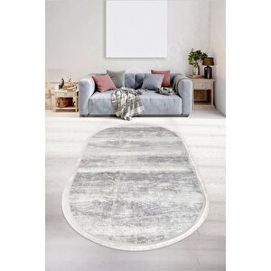 Halı Gri Cool Ky7056 Yıkanabilir Saçaklı Oval Kesme Ince Yolluk Kilim Salon Halısı Modeli