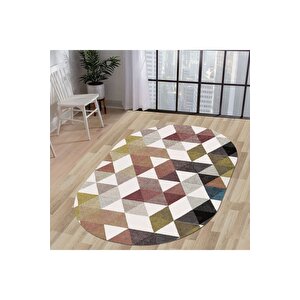 Halı Çok Renkli Cool K1270 Yıkanabilir Oval Kesme Ince Yolluk Kilim Salon Halısı Modeli