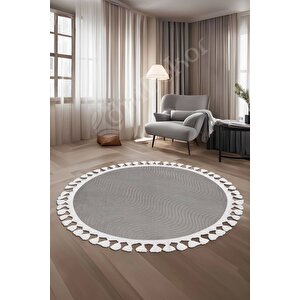 Halı Cool Gri Sahra Kaymaz Yıkanabilir Saçaklı Yuvarlak Yolluk Salon Halısı Modelleri 150x150 cm