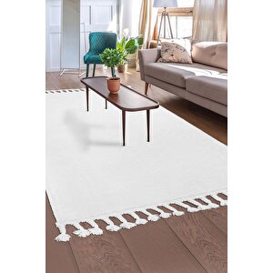 Beyaz Post Dokuma Halı Saçaklı Peluş Yumuşacık Kaymaz Antibakteriyel 120x700 cm