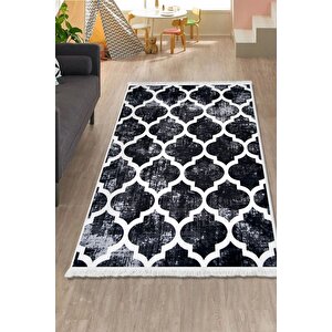 Dekoratif Dijital Saçaklı Kesme Halı Yolluk Yıkanabilir Antialaerjik Maça Siyah 120x800 120x800 cm