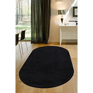 Peluş Halı Siyah Cool Yıkanabilir Oval Post Kesme Yolluk Kilim Salon Halısı Modelleri 150x233 cm