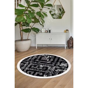 Halı Siyah Cool K1320 Saçaklı Yuvarlak Kesme Ince Yolluk Kilim Salon Halısı Modelleri 170x170 cm