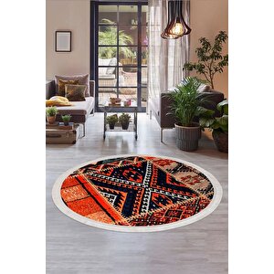 Halı Turuncu Cool K1300 Saçaklı Yuvarlak Kesme Ince Yolluk Kilim Salon Halısı Modelleri 140x140 cm