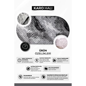 Halı Gri Cool Karo Yıkanabilir Saçaklı Oval Kesme Ince Yolluk Kilim Salon Halısı Modeli