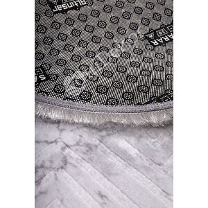 Halı Gri Cool Karo Yıkanabilir Saçaklı Oval Kesme Ince Yolluk Kilim Salon Halısı Modeli