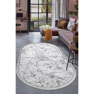 Halı Gri Cool Karo Yıkanabilir Saçaklı Oval Kesme Ince Yolluk Kilim Salon Halısı Modeli 120x180 cm