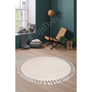 Peluş Halı Krem Cool Saçaklı Yuvarlak Kesme Post Yolluk Kilim Salon Halısı Modelleri 90x90 cm