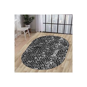 Halı Siyah Cool K1320 Yıkanabilir Oval Kesme Ince Yolluk Kilim Salon Halısı Modelleri 120x700 cm
