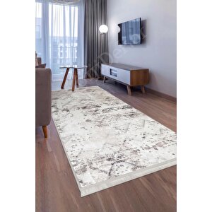 Halı Bej Cool K1280 Yıkanabilir Saçaklı Kesme Ince Yolluk Kilim Salon Halısı Modelleri 120x180 cm