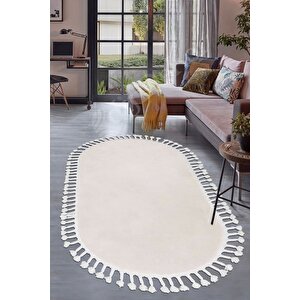 Peluş Halı Krem Cool Saçaklı Oval Post Kesme Yolluk Kilim Salon Halısı Modelleri 160x450 cm