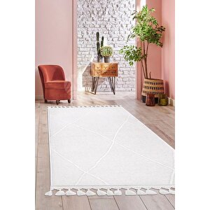 Pamuklu Beyaz Bohem Saçaklı Koridor Oturma Odası Ve Salon Halısı 120x180 cm