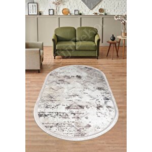 Halı Bej Cool K1280 Yıkanabilir Saçaklı Oval Kesme Ince Yolluk Kilim Salon Halısı Modeli