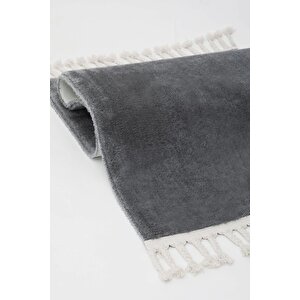 Koyu Gri Post Dokuma Halı Saçaklı Peluş Yumuşacık Kaymaz Antibakteriyel 100x550 cm