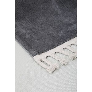 Koyu Gri Post Dokuma Halı Saçaklı Peluş Yumuşacık Kaymaz Antibakteriyel