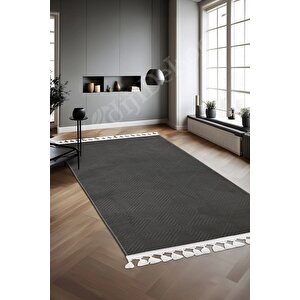 Halı Cool Antrasit Pramit Kaymaz Yıkanabilir Saçaklı Yolluk Kilim Salon Halısı Modelleri 80x150 cm