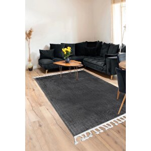 Koyu Gri Post Dokuma Halı Saçaklı Peluş Yumuşacık Kaymaz Antibakteriyel 150x200 cm