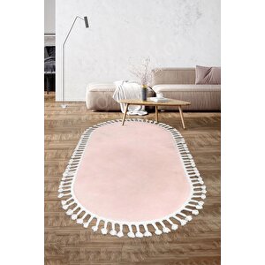 Pembe Oval Post Halı Saçaklı Peluş Yumuşacık Antibakteriyel Çocuk Mutfak Salon Halısı 160x230 cm
