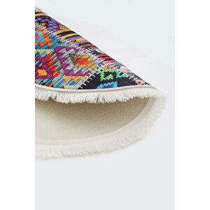 Halı Çok Renkli 9010 Saçaklı Yuvarlak Kesme Ince Yolluk Kilim Salon Halısı Modelleri 130x130 cm