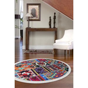 Halı Çok Renkli 9010 Saçaklı Yuvarlak Kesme Ince Yolluk Kilim Salon Halısı Modelleri 100x100 cm