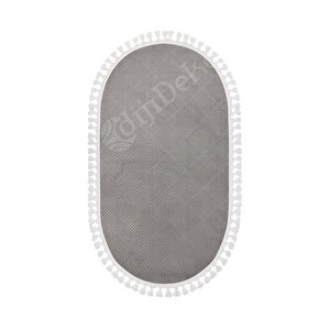 Halı Cool Gri Pramit Desenli Yıkanabilir Saçaklı Oval Yolluk Kilim Salon Halısı Modelleri 80x150 cm